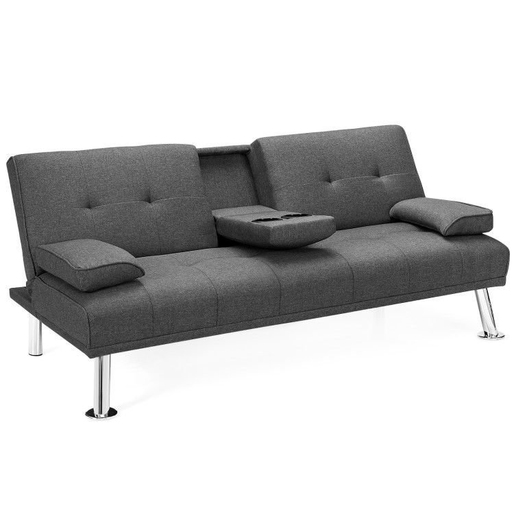 Convertible Folding Futon Sofa Bed Fabric with 2 Cup Holders-Dark GrayCostway Gallery View 1 of 13