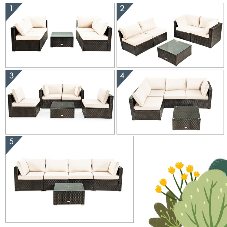 5 Pieces Cushioned Patio Rattan Furniture Set with Glass Table-WhiteCostway Gallery View 5 of 12