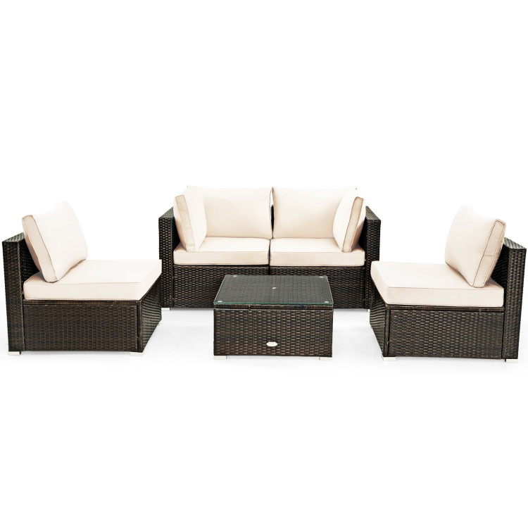 5 Pieces Cushioned Patio Rattan Furniture Set with Glass Table-WhiteCostway Gallery View 3 of 12