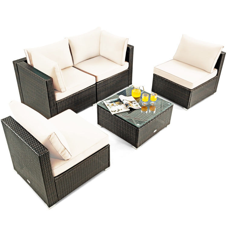 5 Pieces Cushioned Patio Rattan Furniture Set with Glass Table-WhiteCostway Gallery View 9 of 12