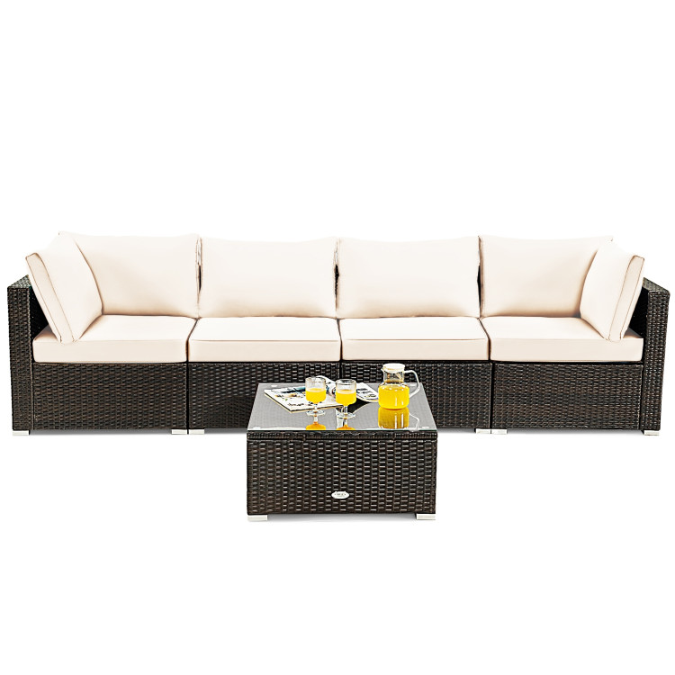 5 Pieces Cushioned Patio Rattan Furniture Set with Glass Table-WhiteCostway Gallery View 8 of 12