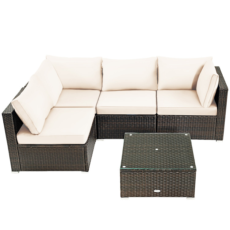 5 Pieces Cushioned Patio Rattan Furniture Set with Glass Table-WhiteCostway Gallery View 10 of 12