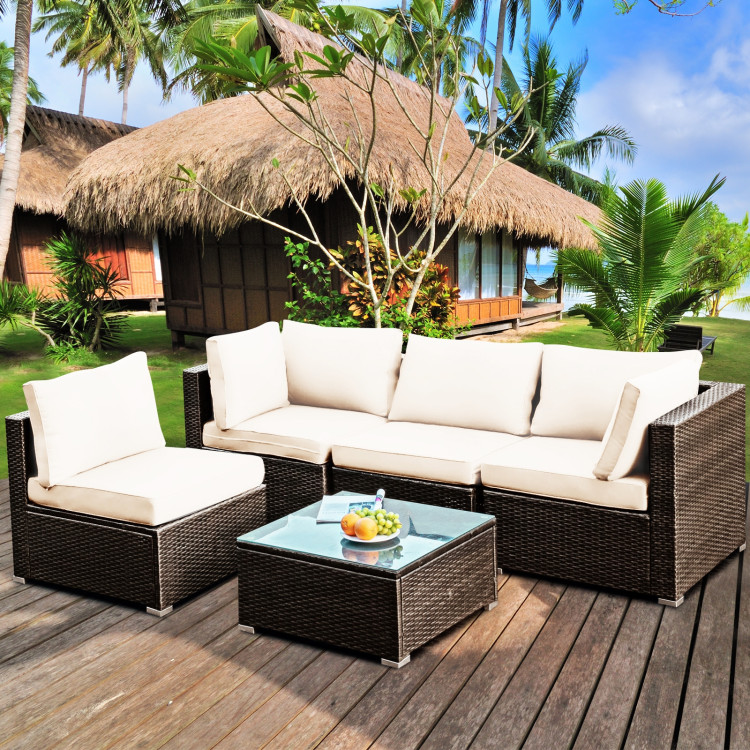 5 Pieces Cushioned Patio Rattan Furniture Set with Glass Table-WhiteCostway Gallery View 6 of 12