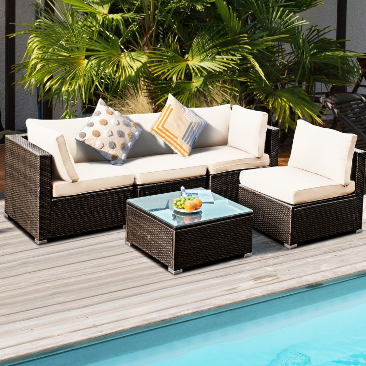 5 Pieces Cushioned Patio Rattan Furniture Set with Glass Table-WhiteCostway Gallery View 1 of 12