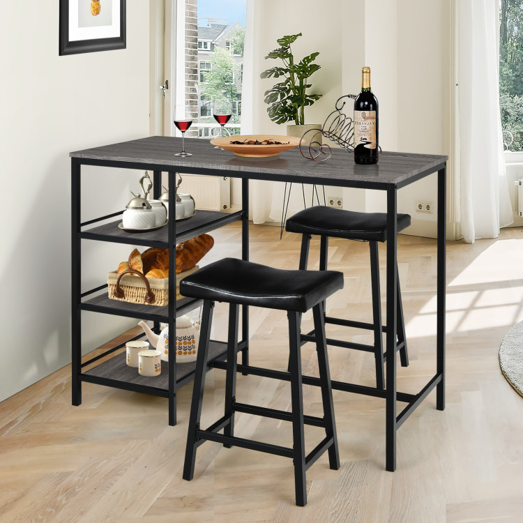 3 Pieces Counter Height Dining Bar Table Set with 2 Stools and 3 Storage Shelves-BlackCostway Gallery View 1 of 9