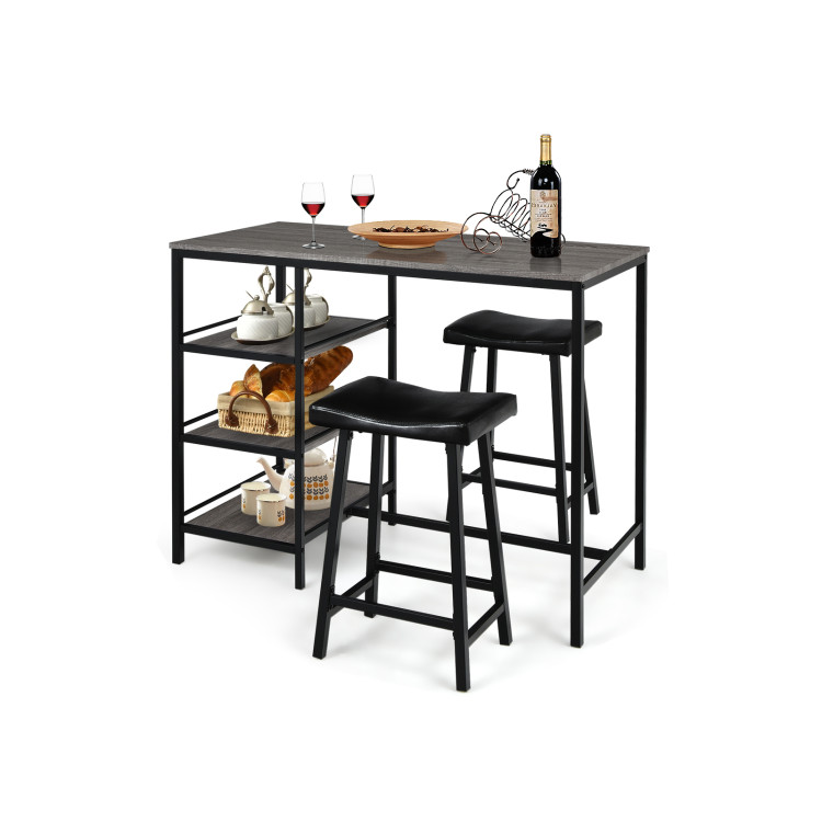 3 Pieces Counter Height Dining Bar Table Set with 2 Stools and 3 Storage Shelves-BlackCostway Gallery View 3 of 9
