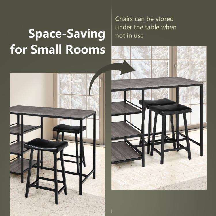 3 Pieces Counter Height Dining Bar Table Set with 2 Stools and 3 Storage Shelves-BlackCostway Gallery View 7 of 9
