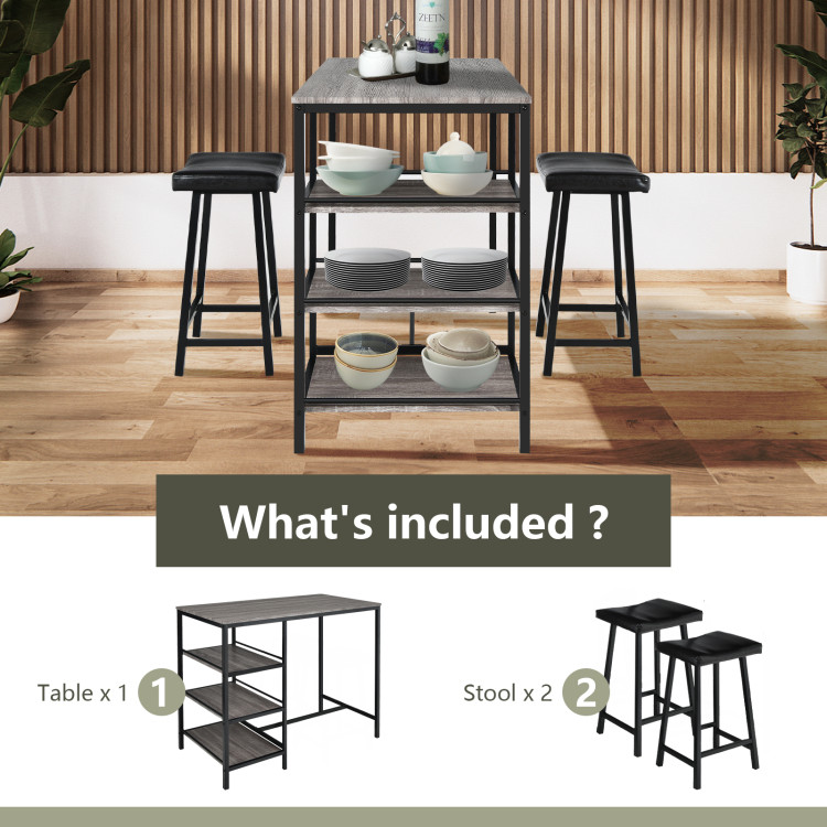 3 Pieces Counter Height Dining Bar Table Set with 2 Stools and 3 Storage Shelves-BlackCostway Gallery View 2 of 9