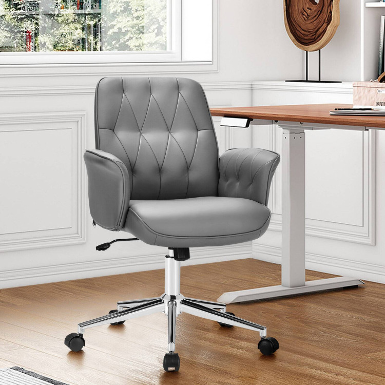 Modern Home Office Leisure Chair PU Leather Adjustable Swivel with Armrest-GrayCostway Gallery View 2 of 12