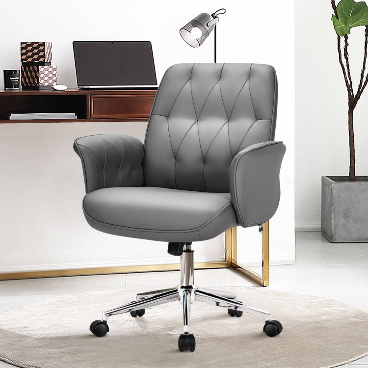 Modern Home Office Leisure Chair PU Leather Adjustable Swivel with Armrest-GrayCostway Gallery View 8 of 12