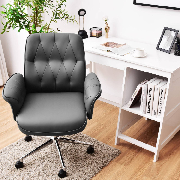 Modern Home Office Leisure Chair PU Leather Adjustable Swivel with Armrest-GrayCostway Gallery View 7 of 12