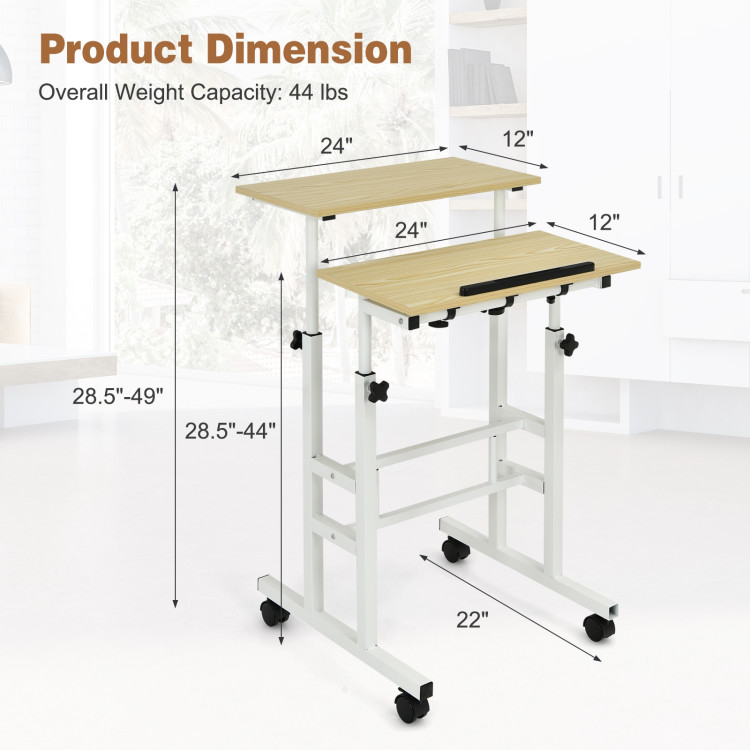 Height Adjustable Mobile Standing Desk with rolling wheels for office and home-NaturalCostway Gallery View 4 of 11