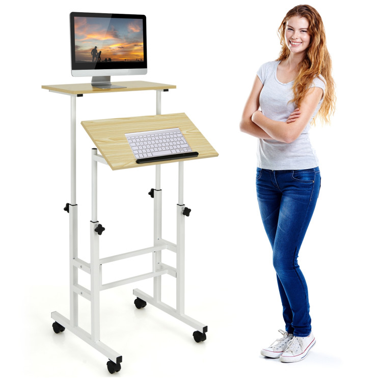 Height Adjustable Mobile Standing Desk with rolling wheels for office and home-NaturalCostway Gallery View 8 of 11