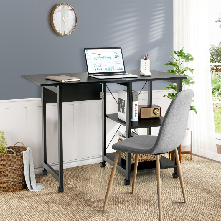 Folding Writing Office Desk with Storage Shelves-BlackCostway Gallery View 1 of 10