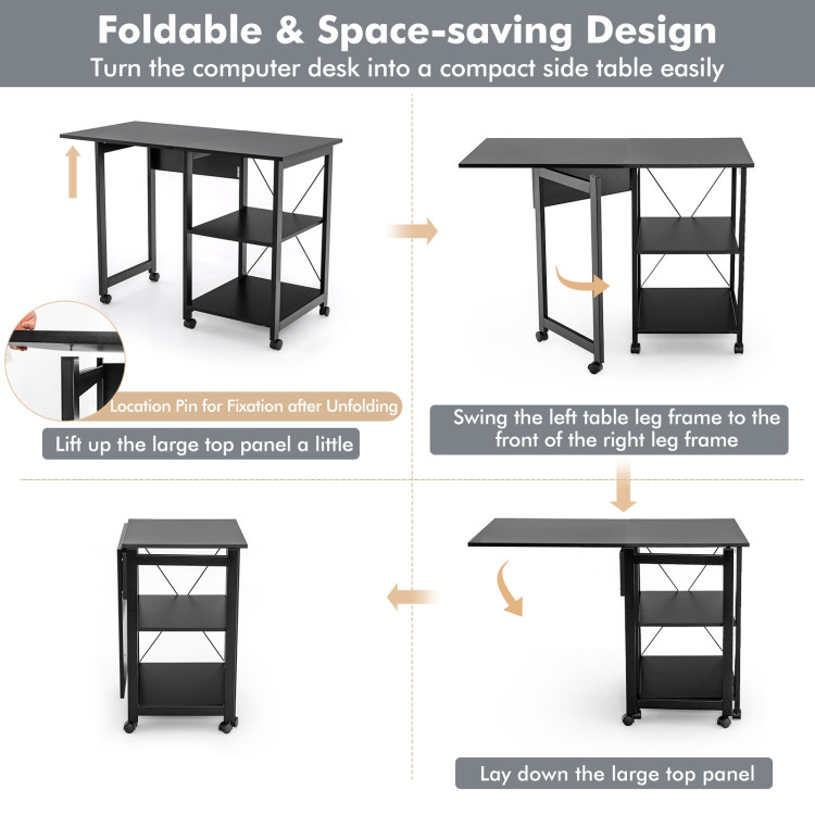Folding Writing Office Desk with Storage Shelves-BlackCostway Gallery View 8 of 10