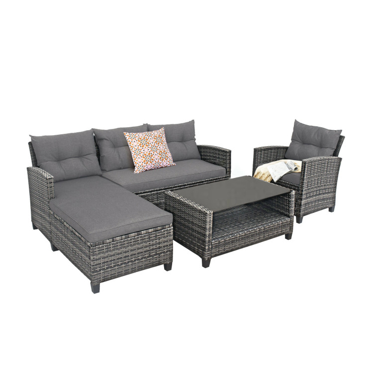 4 Pieces Patio Rattan Sofa Furniture Set with Cushion and 2-Tier Coffee Table - Gallery View 1 of 11