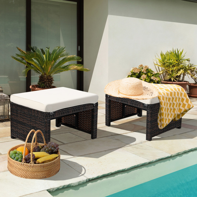 2 Pieces Patio Rattan Ottomans with Soft Cushion for Patio and Garden-WhiteCostway Gallery View 2 of 11