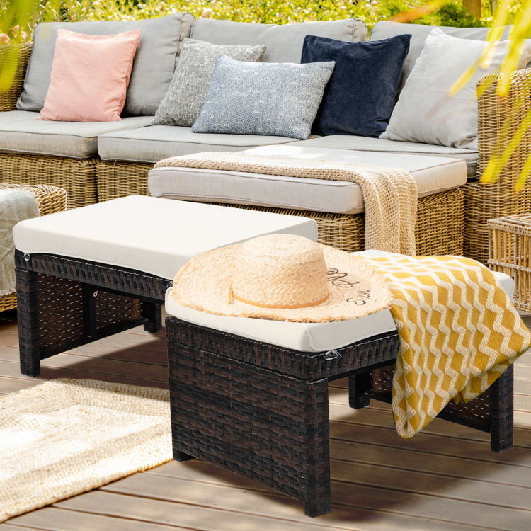 2 Pieces Patio Rattan Ottomans with Soft Cushion for Patio and Garden-WhiteCostway Gallery View 6 of 11