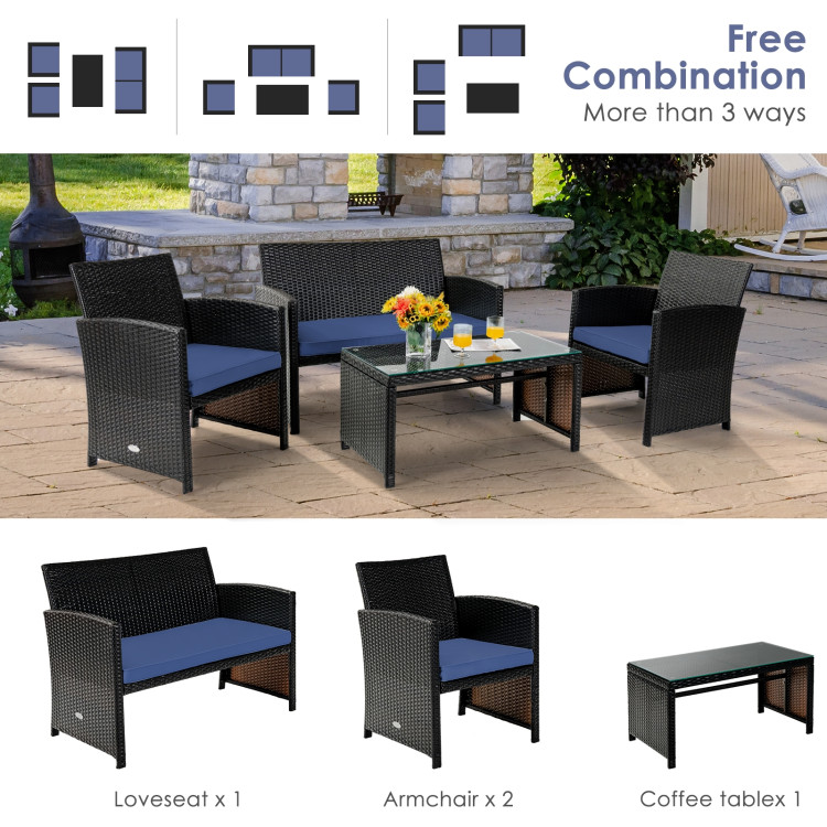 4Pcs Patio Rattan Cushioned Furniture Set-NavyCostway Gallery View 2 of 12
