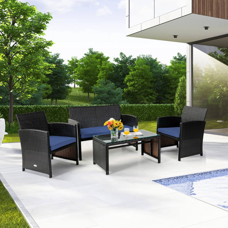 4Pcs Patio Rattan Cushioned Furniture Set-NavyCostway Gallery View 7 of 12