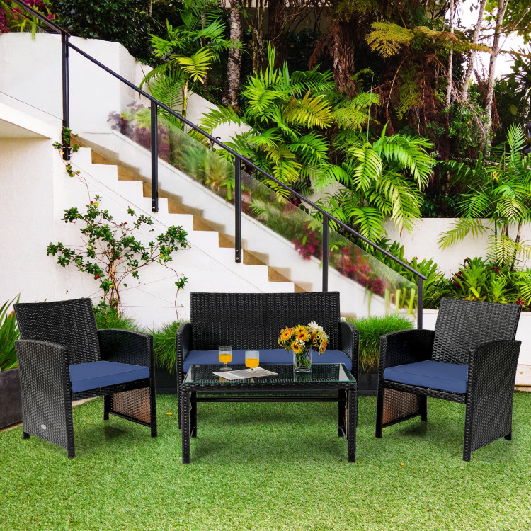 4Pcs Patio Rattan Cushioned Furniture Set-NavyCostway Gallery View 6 of 12