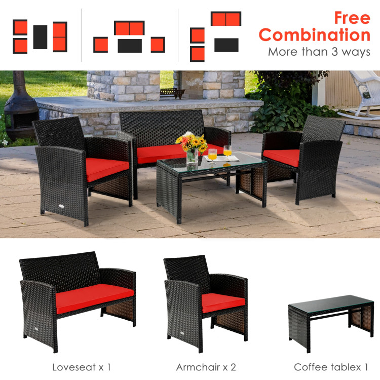 4 Pieces Patio Rattan Cushioned Furniture Set-RedCostway Gallery View 3 of 12