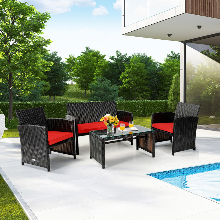 4 Pieces Patio Rattan Cushioned Furniture Set-RedCostway Gallery View 6 of 12