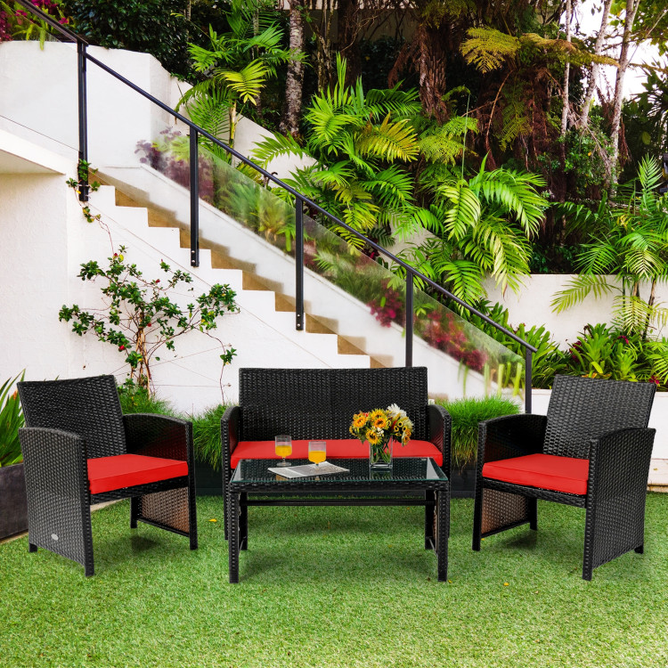 4 Pieces Patio Rattan Cushioned Furniture Set-RedCostway Gallery View 7 of 12