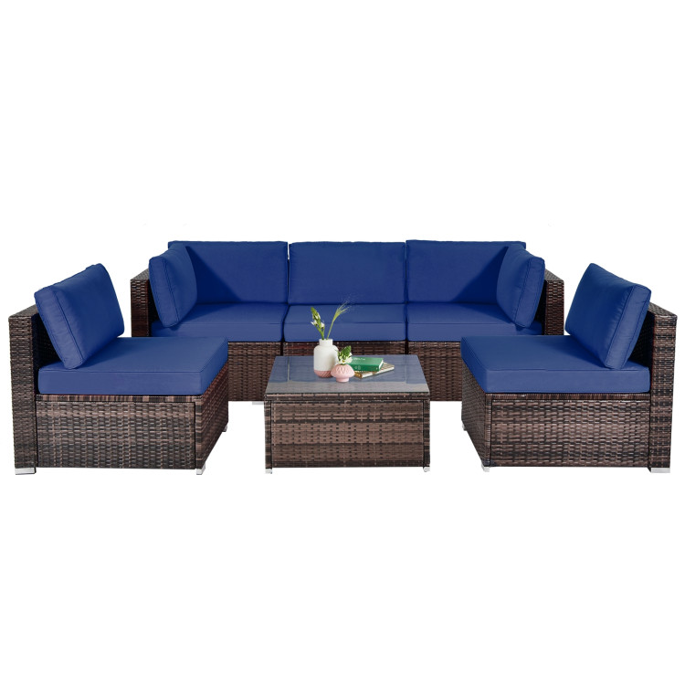 6 Pieces Patio Rattan Furniture Set with Cushions and Glass Coffee Table-NavyCostway Gallery View 4 of 10