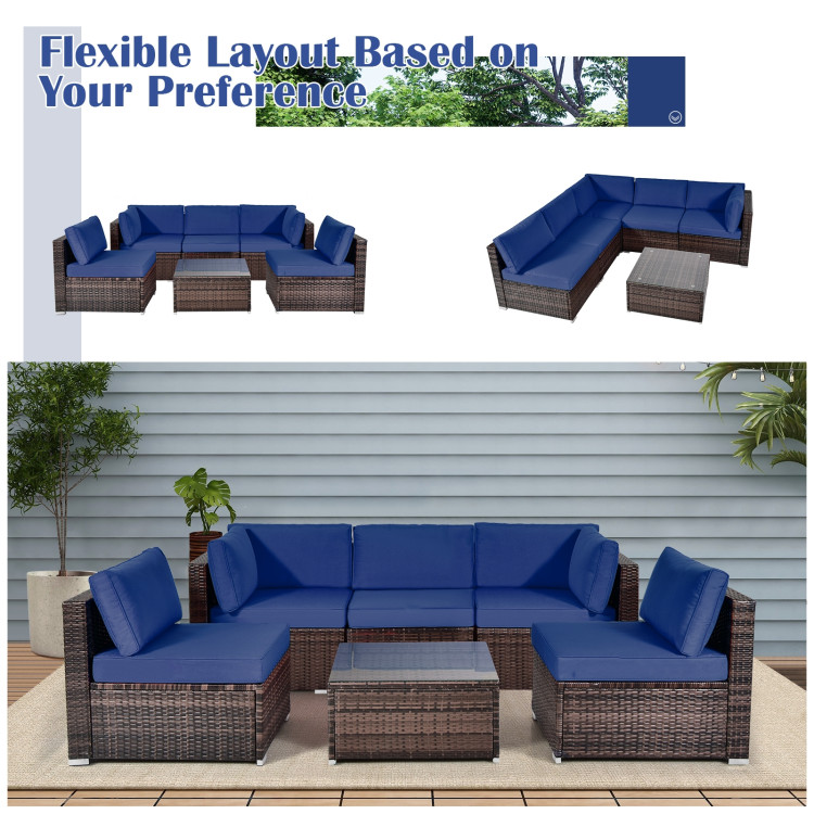 6 Pieces Patio Rattan Furniture Set with Cushions and Glass Coffee Table-NavyCostway Gallery View 6 of 10