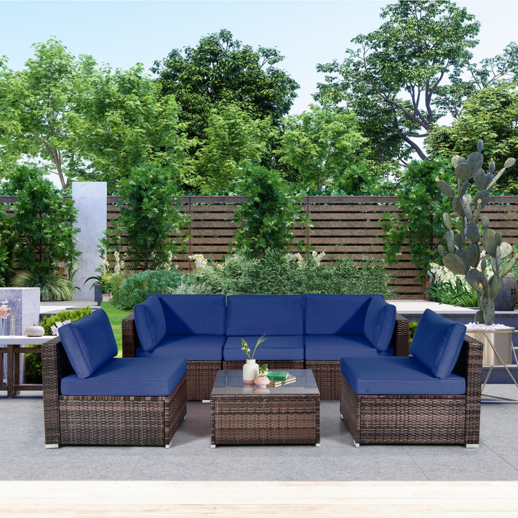 6 Pieces Patio Rattan Furniture Set with Cushions and Glass Coffee Table-NavyCostway Gallery View 2 of 10