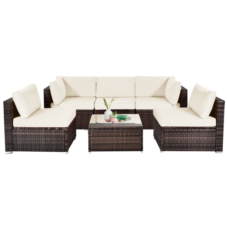 6 Pieces Patio Rattan Furniture Set with Cushions and Glass Coffee Table-WhiteCostway Gallery View 4 of 10