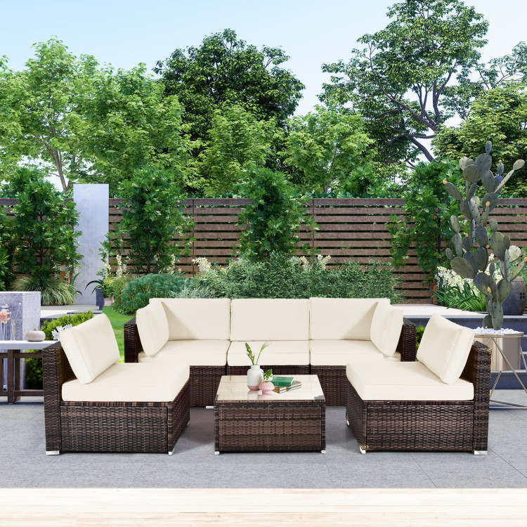 6 Pieces Patio Rattan Furniture Set with Cushions and Glass Coffee Table-WhiteCostway Gallery View 1 of 10