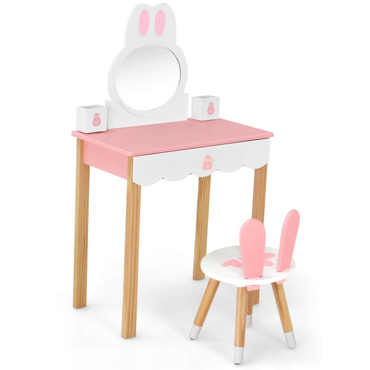 Kids Vanity Set Rabbit Makeup Dressing Table Chair Set with Mirror and Drawer-PinkCostway Gallery View 1 of 12
