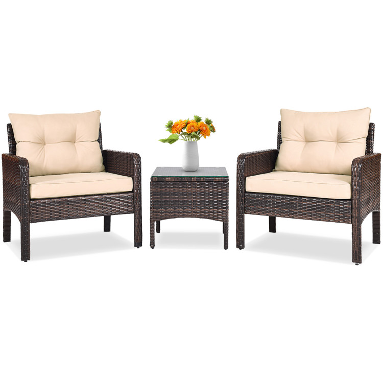 3 Pieces Outdoor Patio Rattan Conversation Set with Seat Cushions-BeigeCostway Gallery View 3 of 11