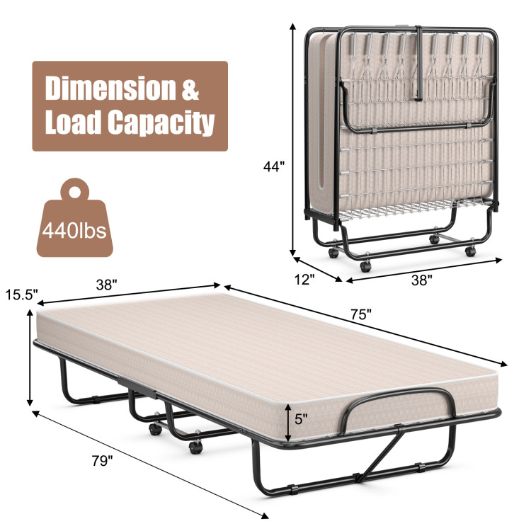 Rollaway Guest Bed with Sturdy Steel Frame and Wheels-BeigeCostway Gallery View 4 of 14