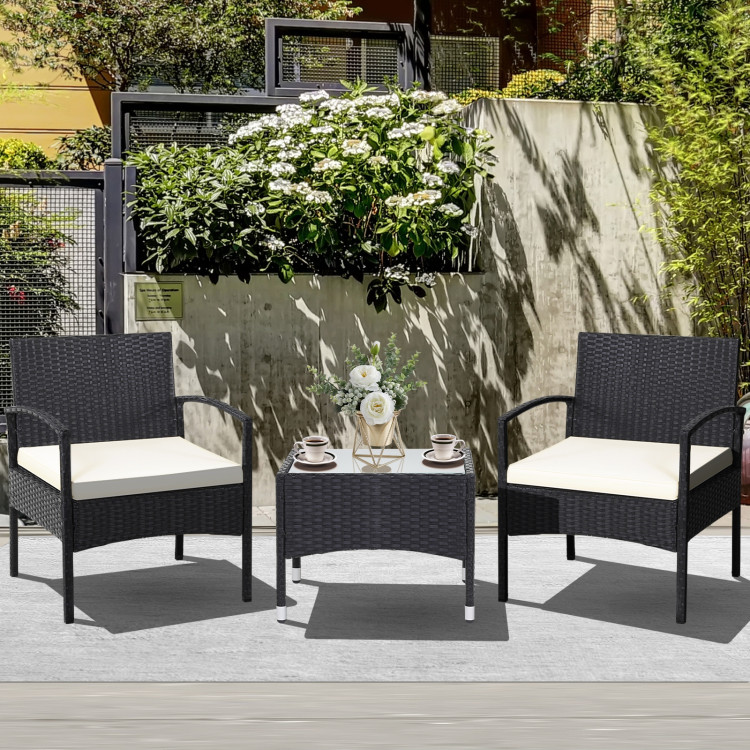 3 Pieces Patio Wicker Rattan Furniture Set with Cushion for Lawn BackyardCostway Gallery View 2 of 11