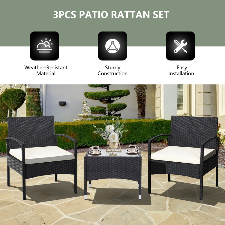 3 Pieces Patio Wicker Rattan Furniture Set with Cushion for Lawn BackyardCostway Gallery View 3 of 11
