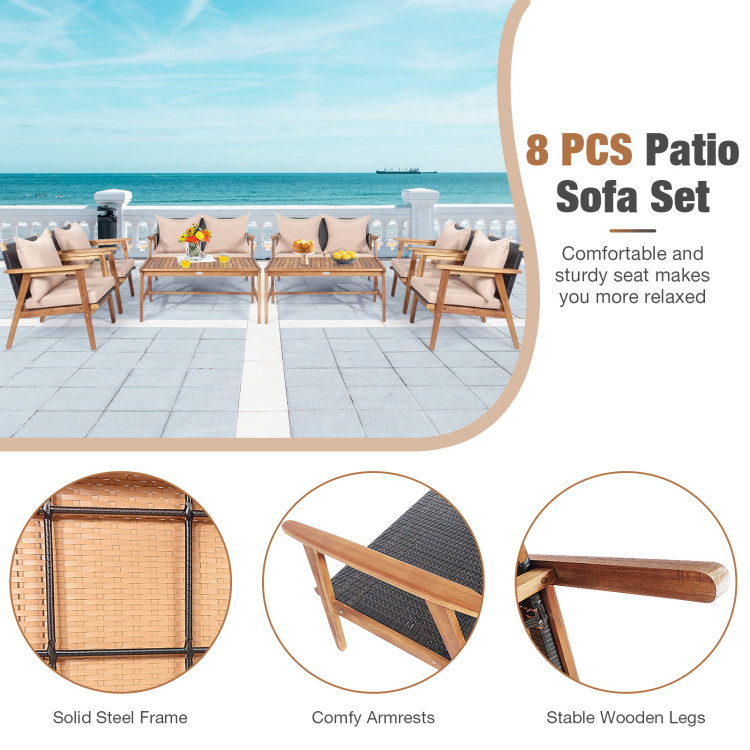 4 Pieces Acacia Wood Patio Rattan Furniture Set with Zippered Cushions - Gallery View 6 of 9