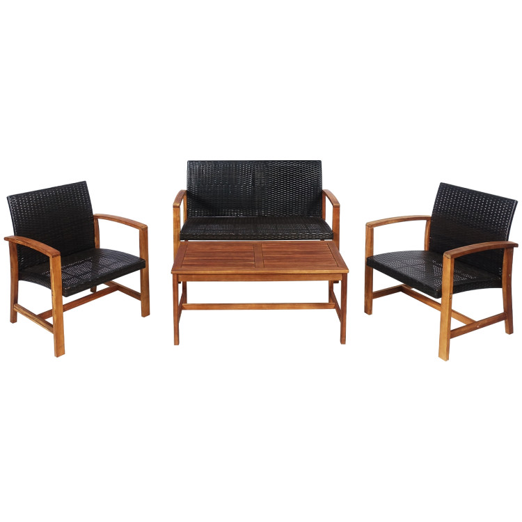 4 Pieces PE Rattan Patio Furniture Set with Solid Acacia WoodCostway Gallery View 1 of 10
