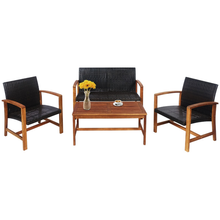 4 Pieces PE Rattan Patio Furniture Set with Solid Acacia WoodCostway Gallery View 8 of 10