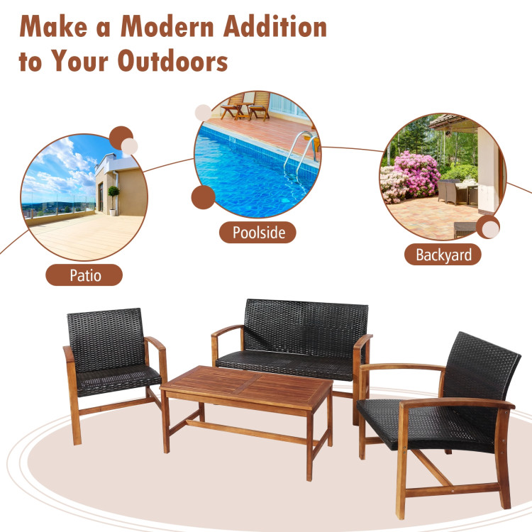 4 Pieces PE Rattan Patio Furniture Set with Solid Acacia WoodCostway Gallery View 3 of 10