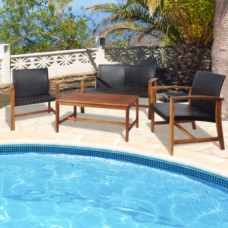 4 Pieces PE Rattan Patio Furniture Set with Solid Acacia WoodCostway Gallery View 2 of 10