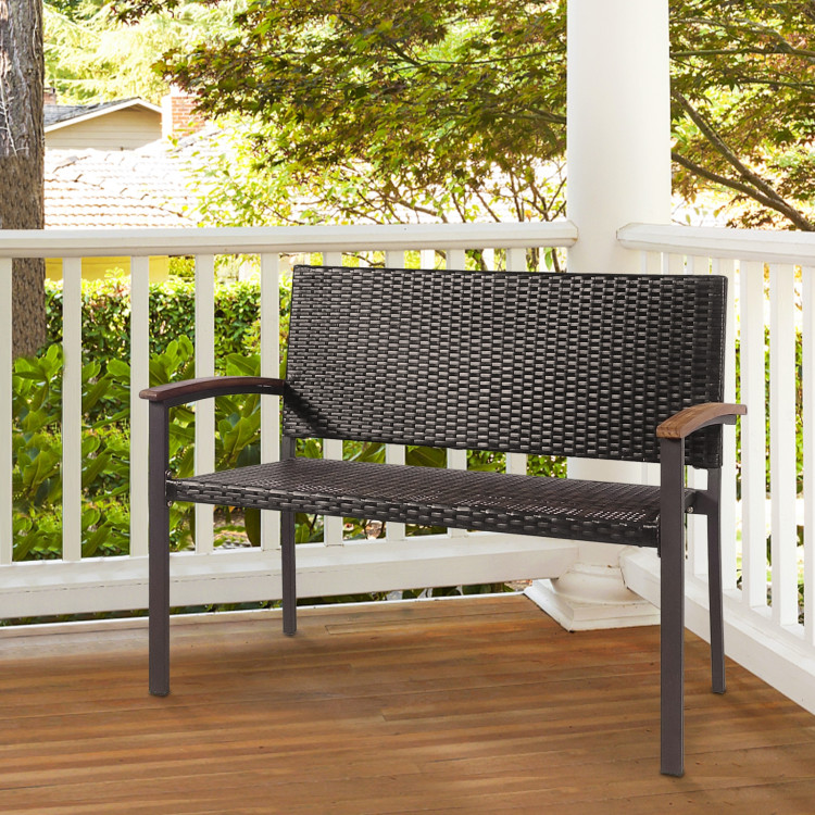 Outdoor Patio Rattan Wicker Bench with Armrest for GardenCostway Gallery View 8 of 9