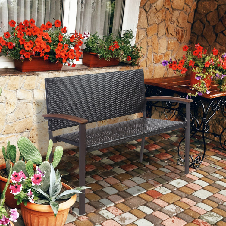 Outdoor Patio Rattan Wicker Bench with Armrest for GardenCostway Gallery View 7 of 9