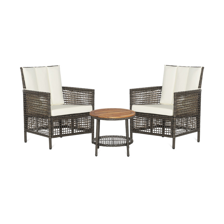 3 Pieces Patio Rattan Furniture Set with Cushioned Sofas and Wood Table Top-WhiteCostway Gallery View 1 of 10