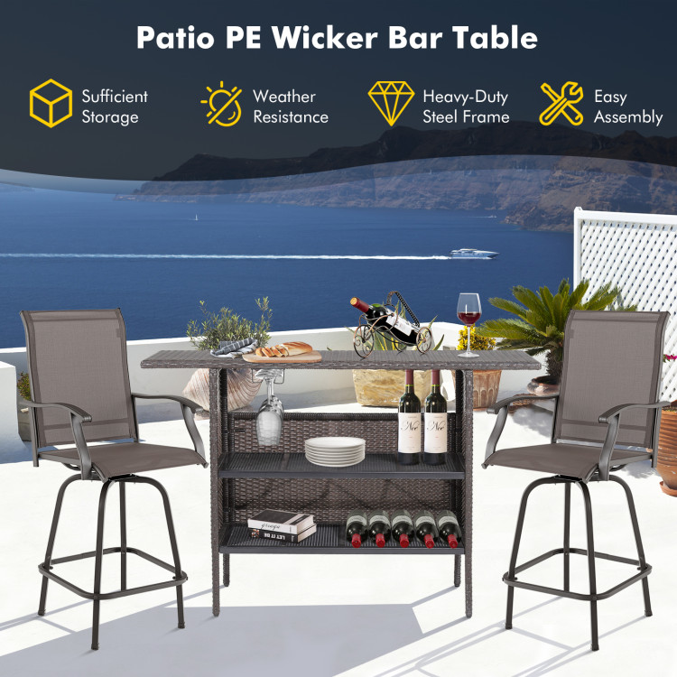 Outdoor Wicker Bar Table with 2 Metal Mesh ShelvesCostway Gallery View 9 of 10
