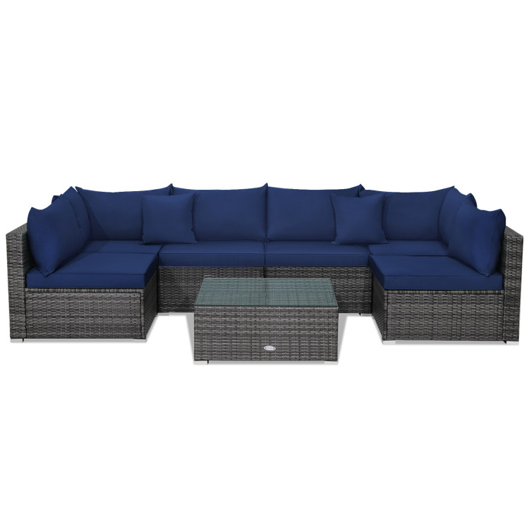 7 Pieces Patio Rattan Furniture Set Sectional Sofa Garden Cushion-NavyCostway Gallery View 1 of 11