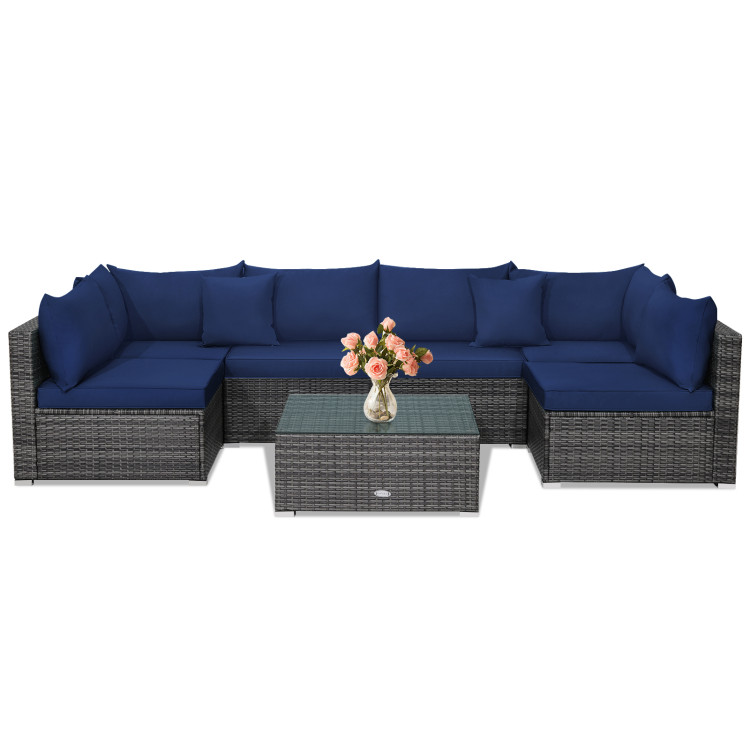 7 Pieces Patio Rattan Furniture Set Sectional Sofa Garden Cushion-NavyCostway Gallery View 4 of 11