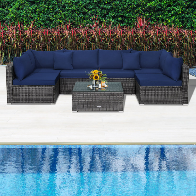 7 Pieces Patio Rattan Furniture Set Sectional Sofa Garden Cushion-NavyCostway Gallery View 8 of 11